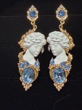 Gold-Plated Blue Cameo Drop Earrings - Elegant Portrait Design